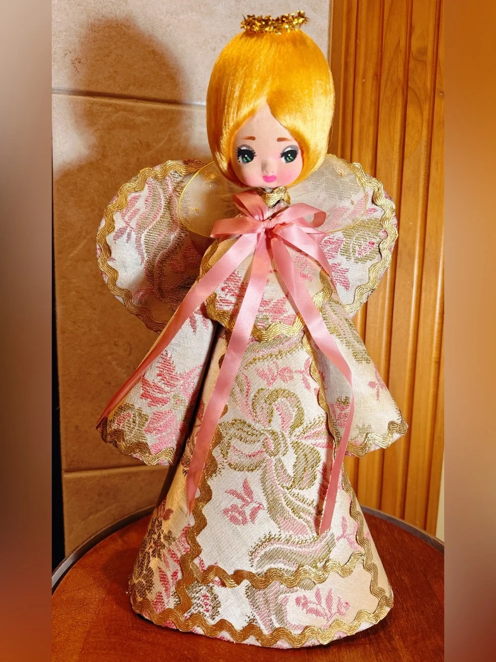 Rare Vintage Angel Doll Christmas Tree Topper Pink Gold Brocade Gorgeous